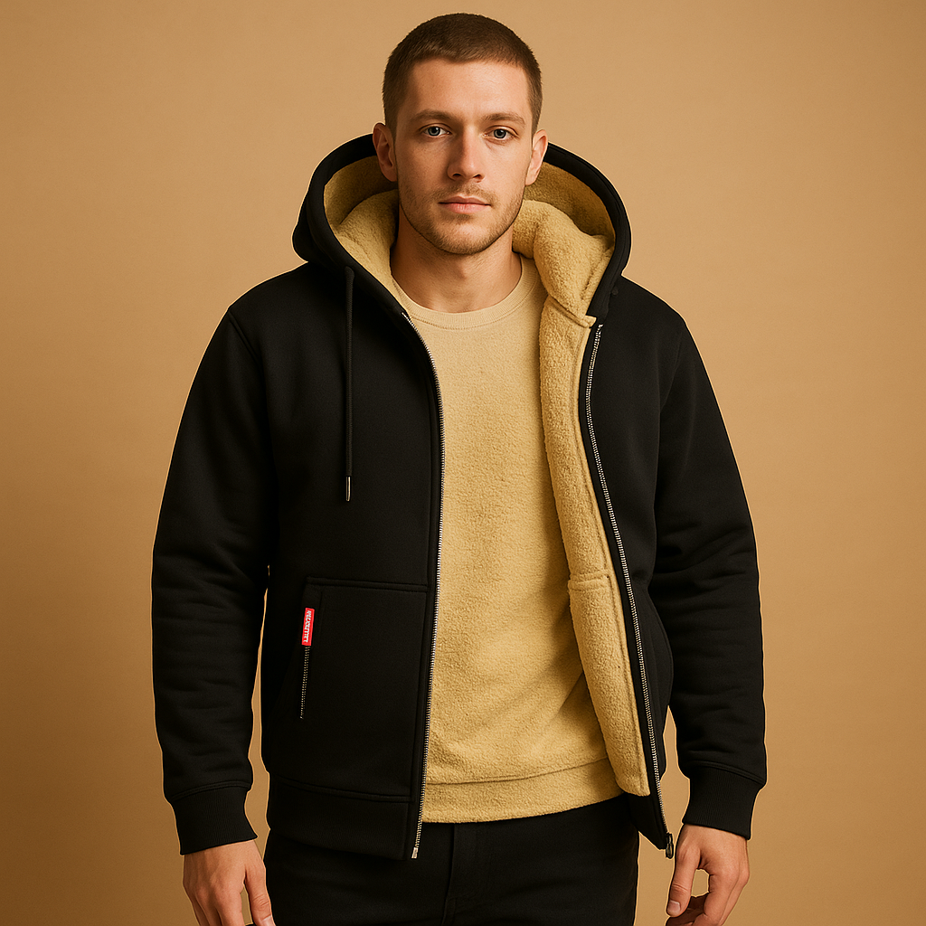 Zipped hoodie for men with adjustable hood and loose fit, available in black, grey, and navy blue, ideal for casual and outdoor wear.