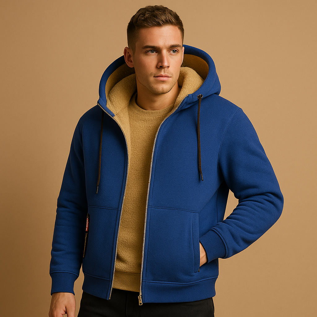 Zipped hoodie for men with adjustable hood and loose fit, available in black, grey, and navy blue, ideal for casual and outdoor wear.