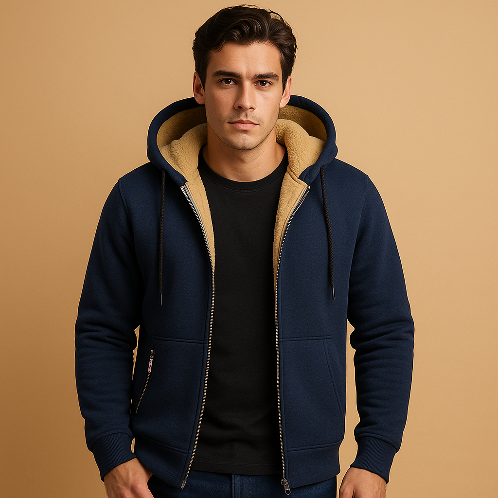 Zipped hoodie for men with adjustable hood and loose fit, available in black, grey, and navy blue, ideal for casual and outdoor wear.
