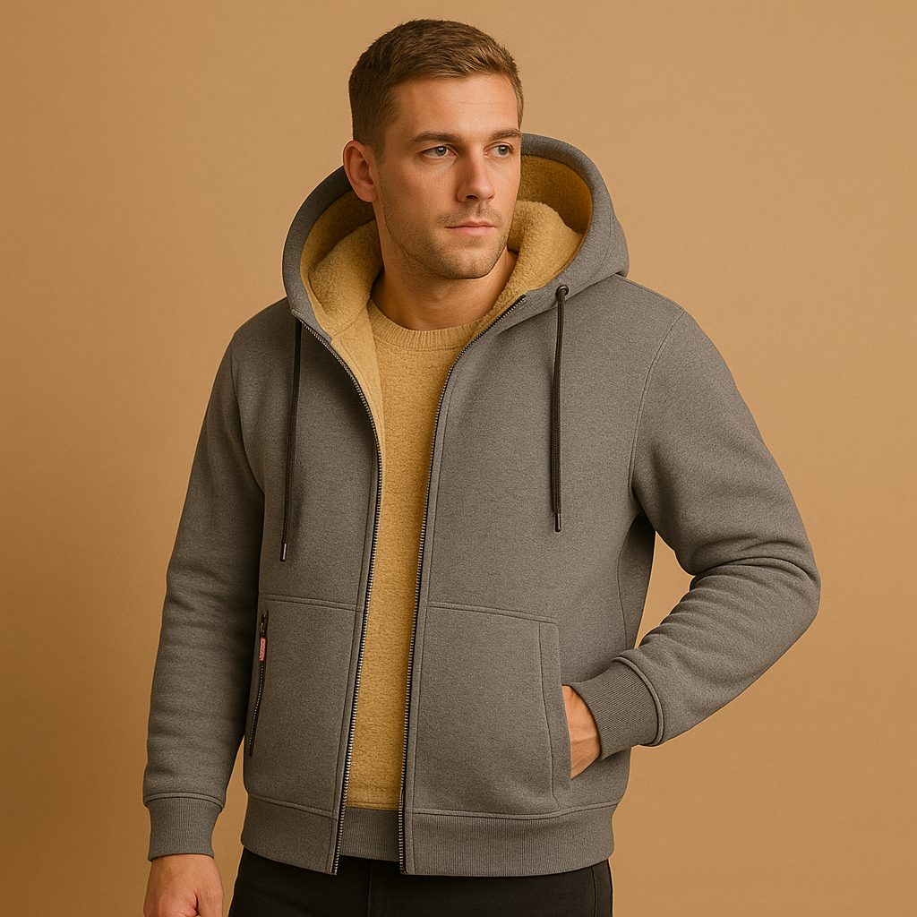 Zipped hoodie for men with adjustable hood and loose fit, available in black, grey, and navy blue, ideal for casual and outdoor wear.