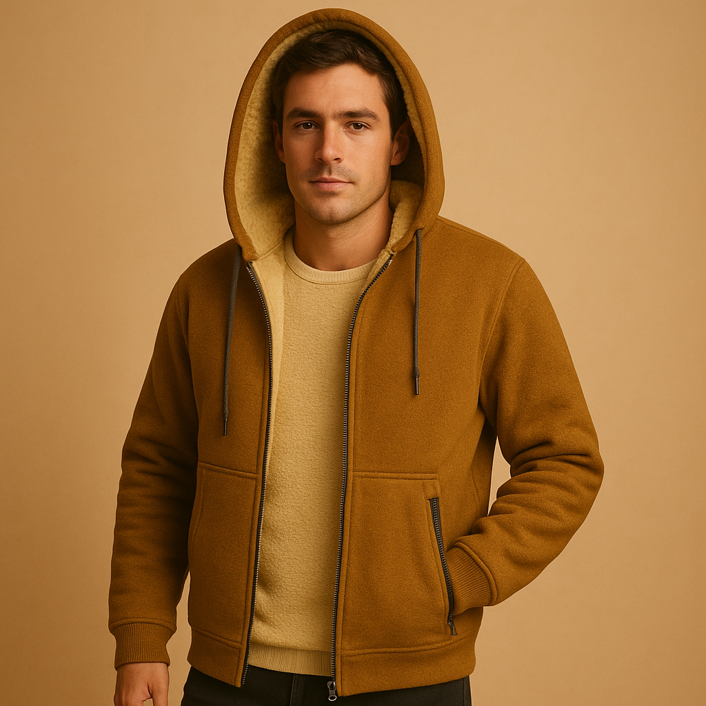 Zipped hoodie for men with adjustable hood and loose fit, available in black, grey, and navy blue, ideal for casual and outdoor wear.