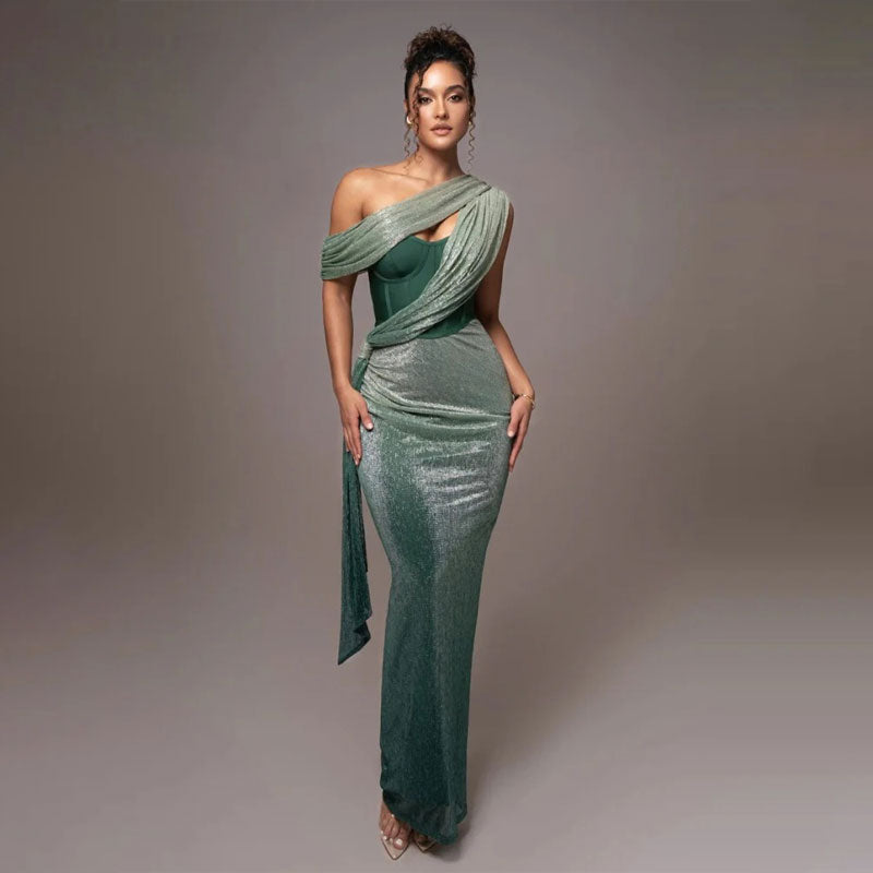One Shoulder Glitter Maxi Dress