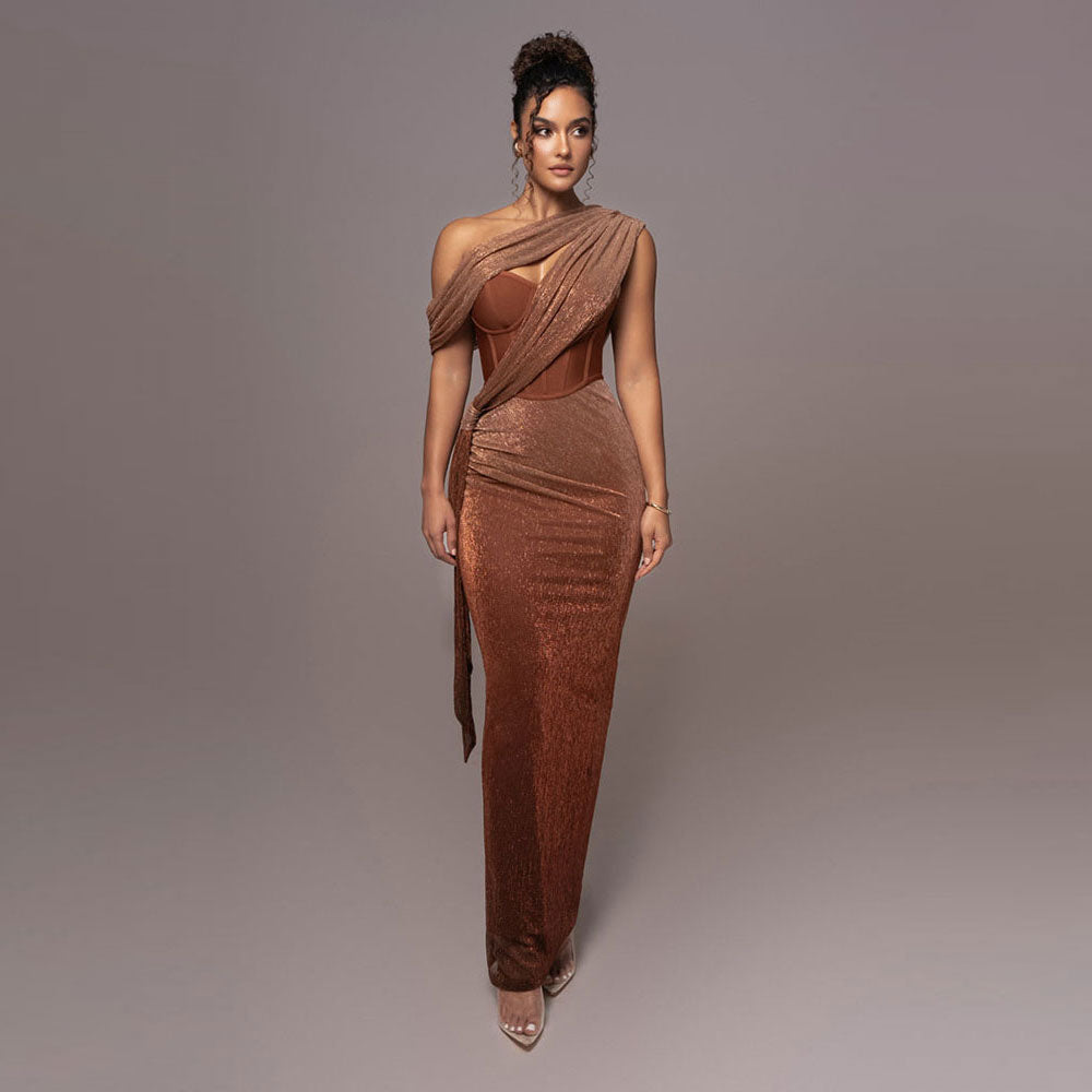 One Shoulder Glitter Maxi Dress