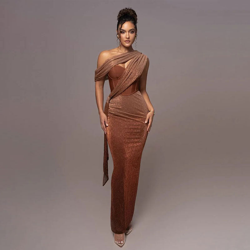 One Shoulder Glitter Maxi Dress