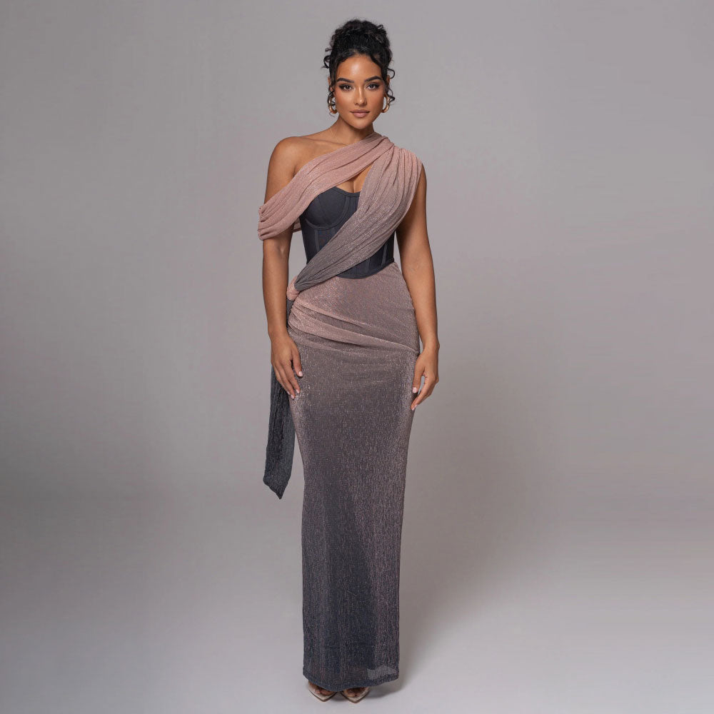 One Shoulder Glitter Maxi Dress