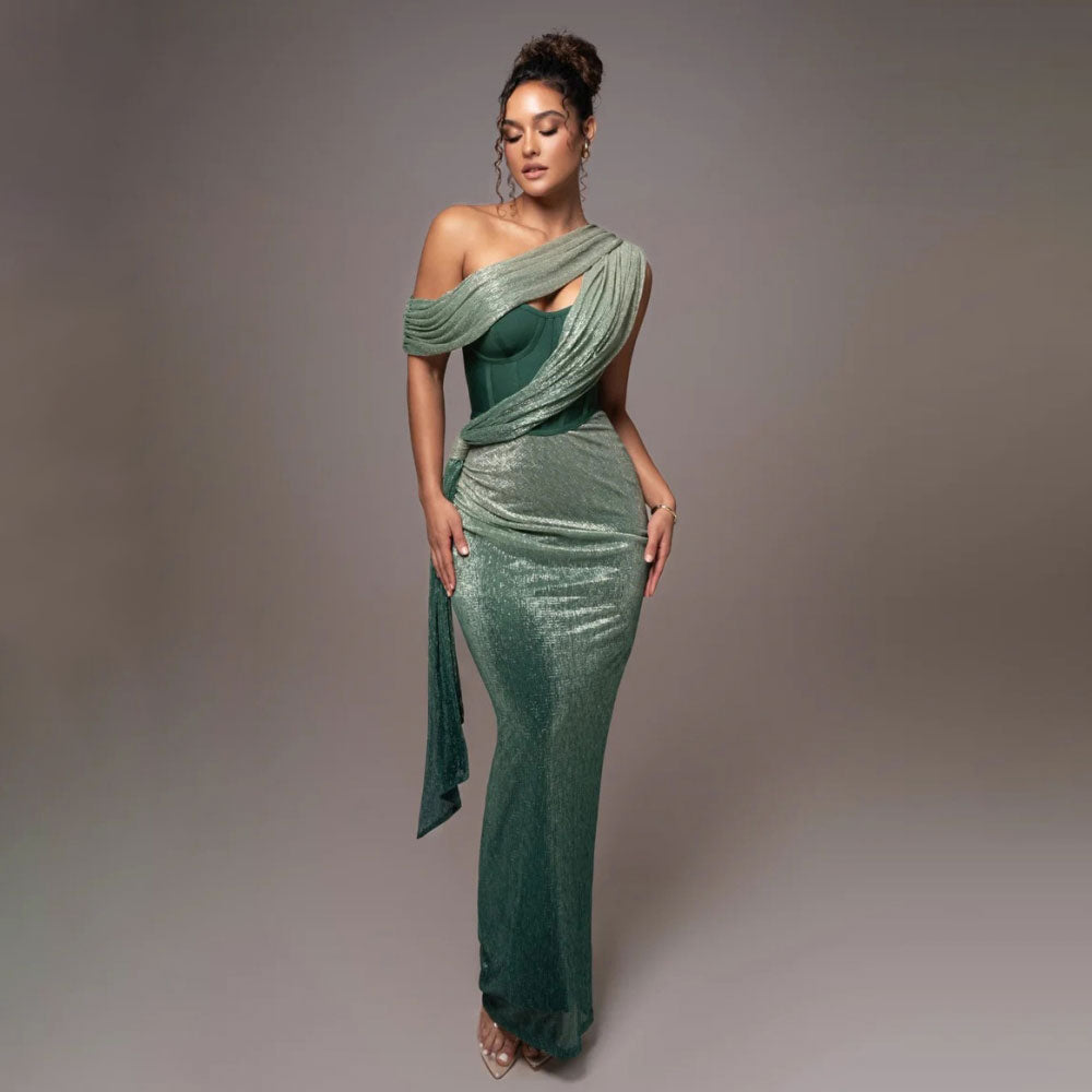 One Shoulder Glitter Maxi Dress