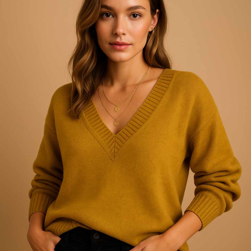 Women’s knit sweater with deep V-neck in neutral tones. Relaxed fit, breathable fabric, and elegant design for casual or office wear.