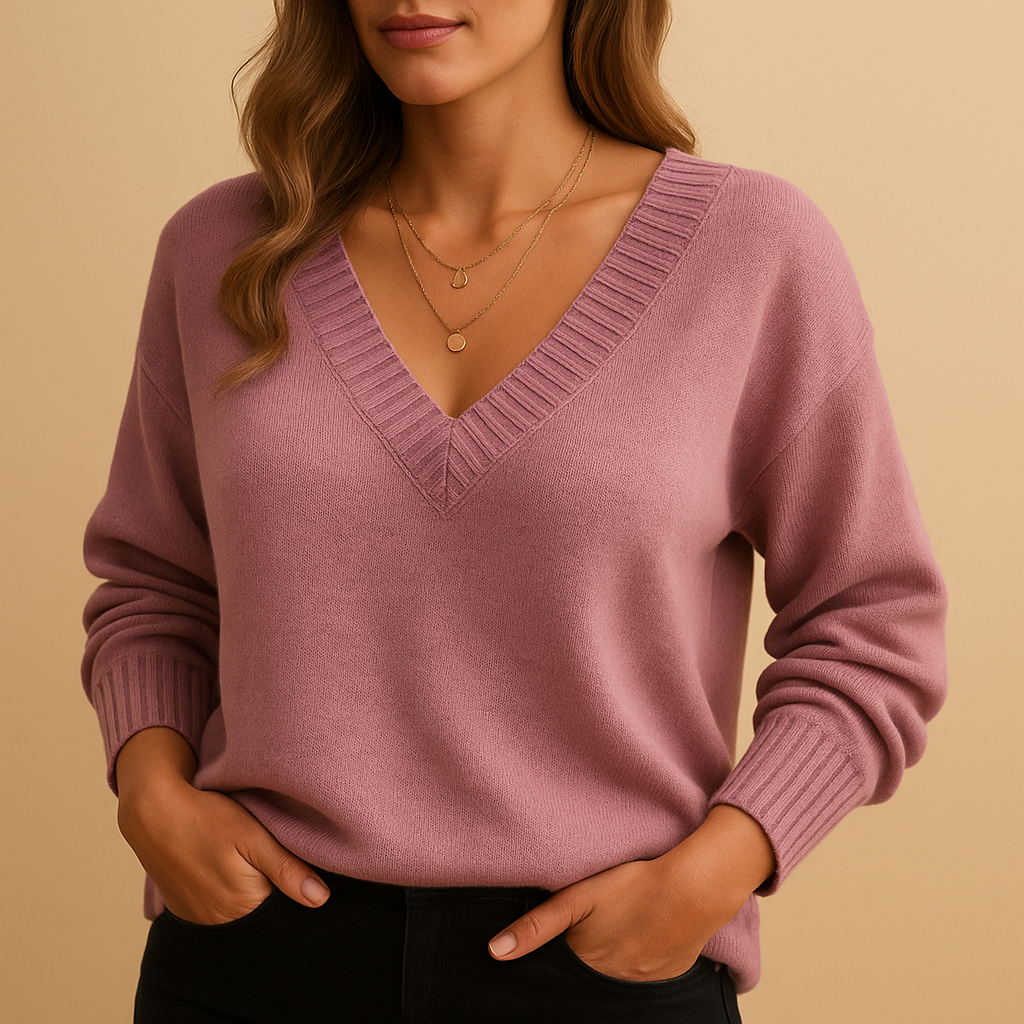 Women’s knit sweater with deep V-neck in neutral tones. Relaxed fit, breathable fabric, and elegant design for casual or office wear.