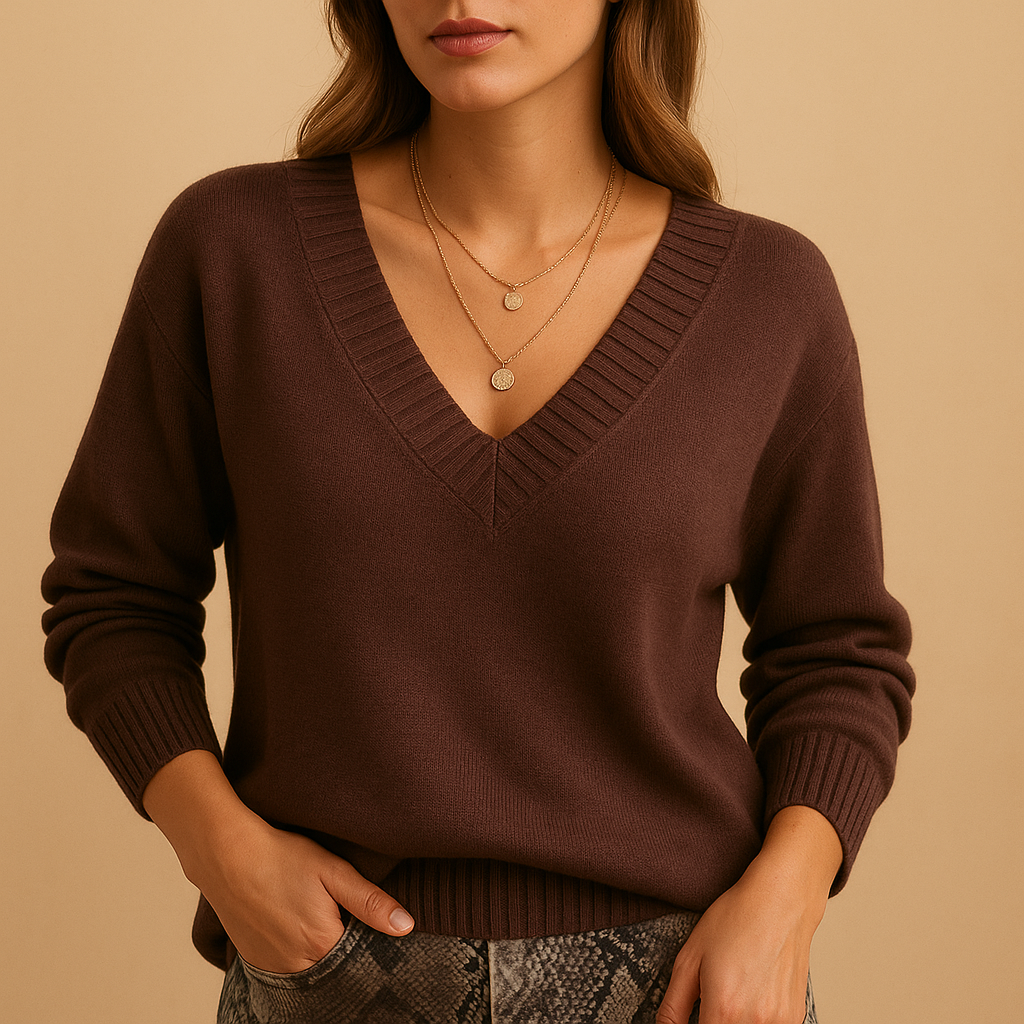 Women’s knit sweater with deep V-neck in neutral tones. Relaxed fit, breathable fabric, and elegant design for casual or office wear.