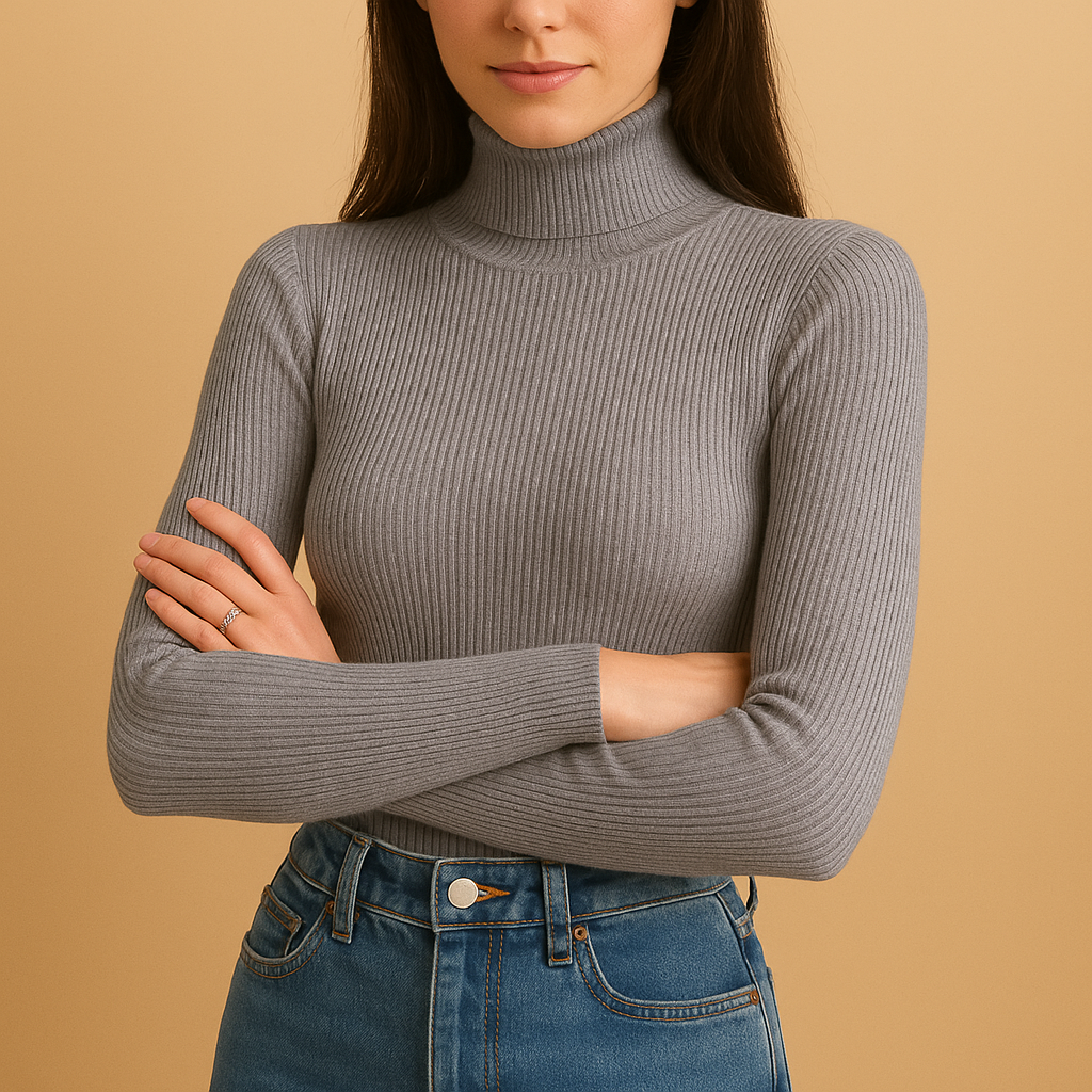 Women's knitted turtleneck sweater with a cozy fold-over neckline, perfect for casual wear, office looks, or staying warm on cold days.
