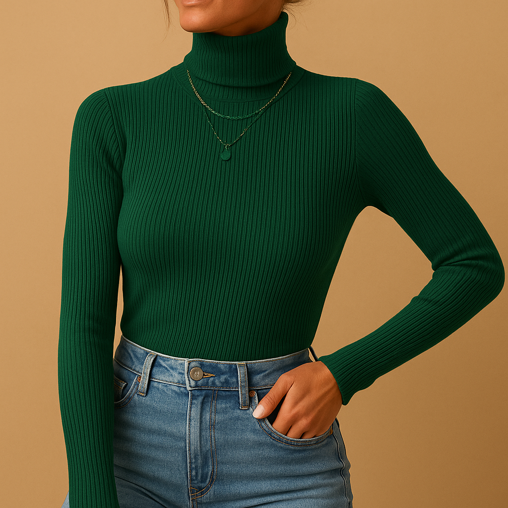 Women's knitted turtleneck sweater with a cozy fold-over neckline, perfect for casual wear, office looks, or staying warm on cold days.