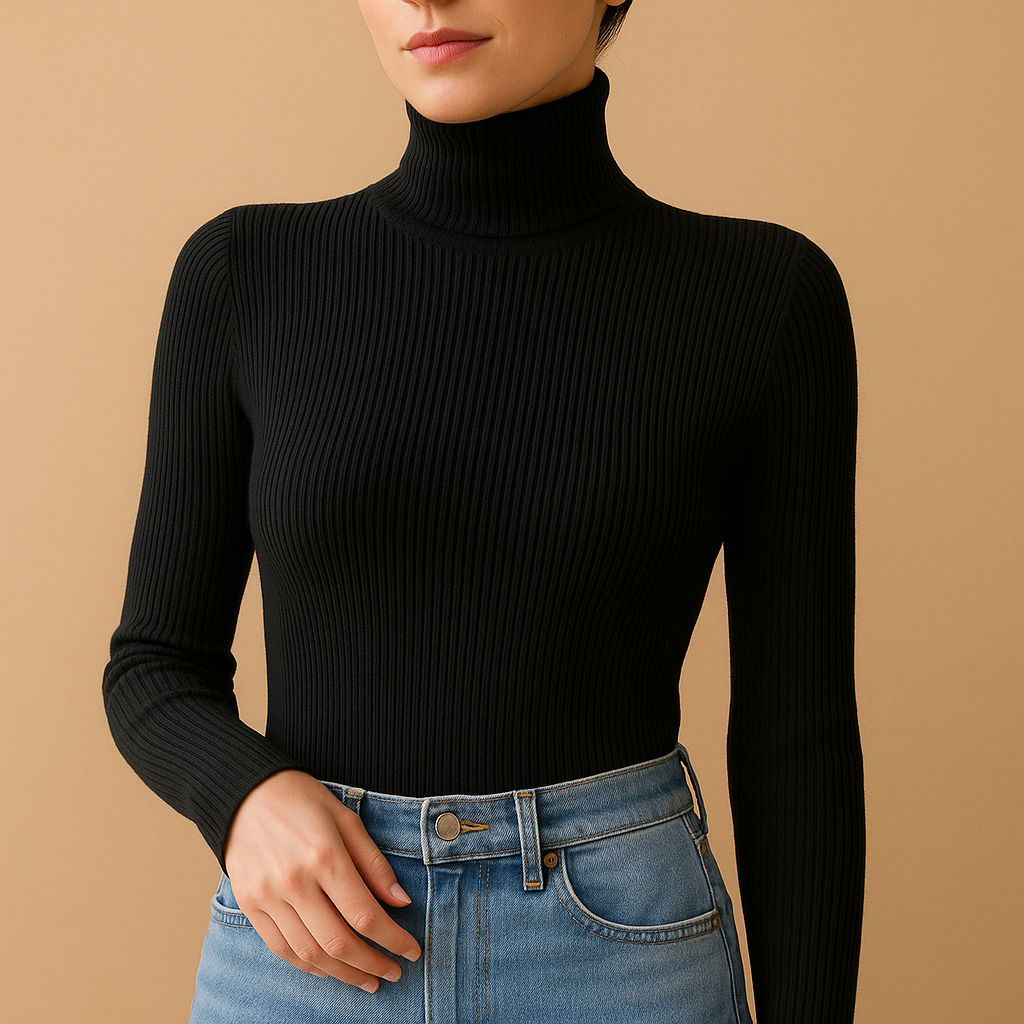 Women's knitted turtleneck sweater with a cozy fold-over neckline, perfect for casual wear, office looks, or staying warm on cold days.