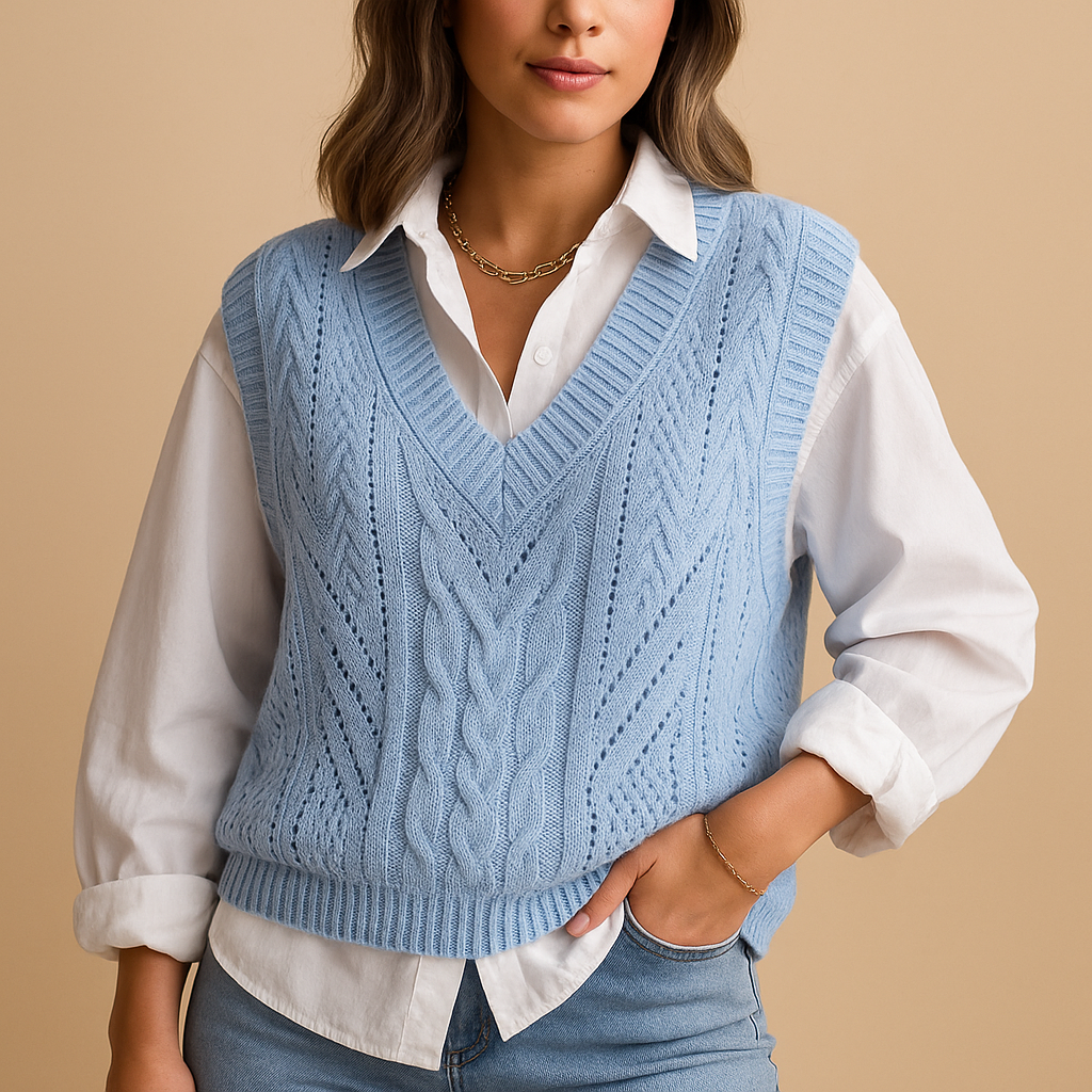 Women's sleeveless cable knit V-neck vest with a slim fit, perfect for layering over blouses, dresses, or T-shirts in any season.