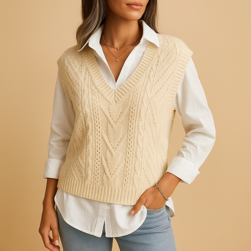 Women's sleeveless cable knit V-neck vest with a slim fit, perfect for layering over blouses, dresses, or T-shirts in any season.