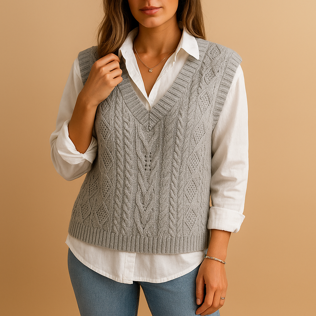 Women's sleeveless cable knit V-neck vest with a slim fit, perfect for layering over blouses, dresses, or T-shirts in any season.