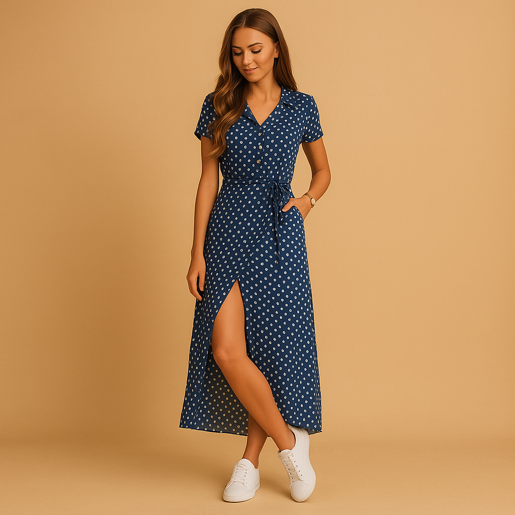 Women’s A-line summer dress with puff sleeves, V-neck, and button details, perfect for spring, summer, and casual chic occasions.