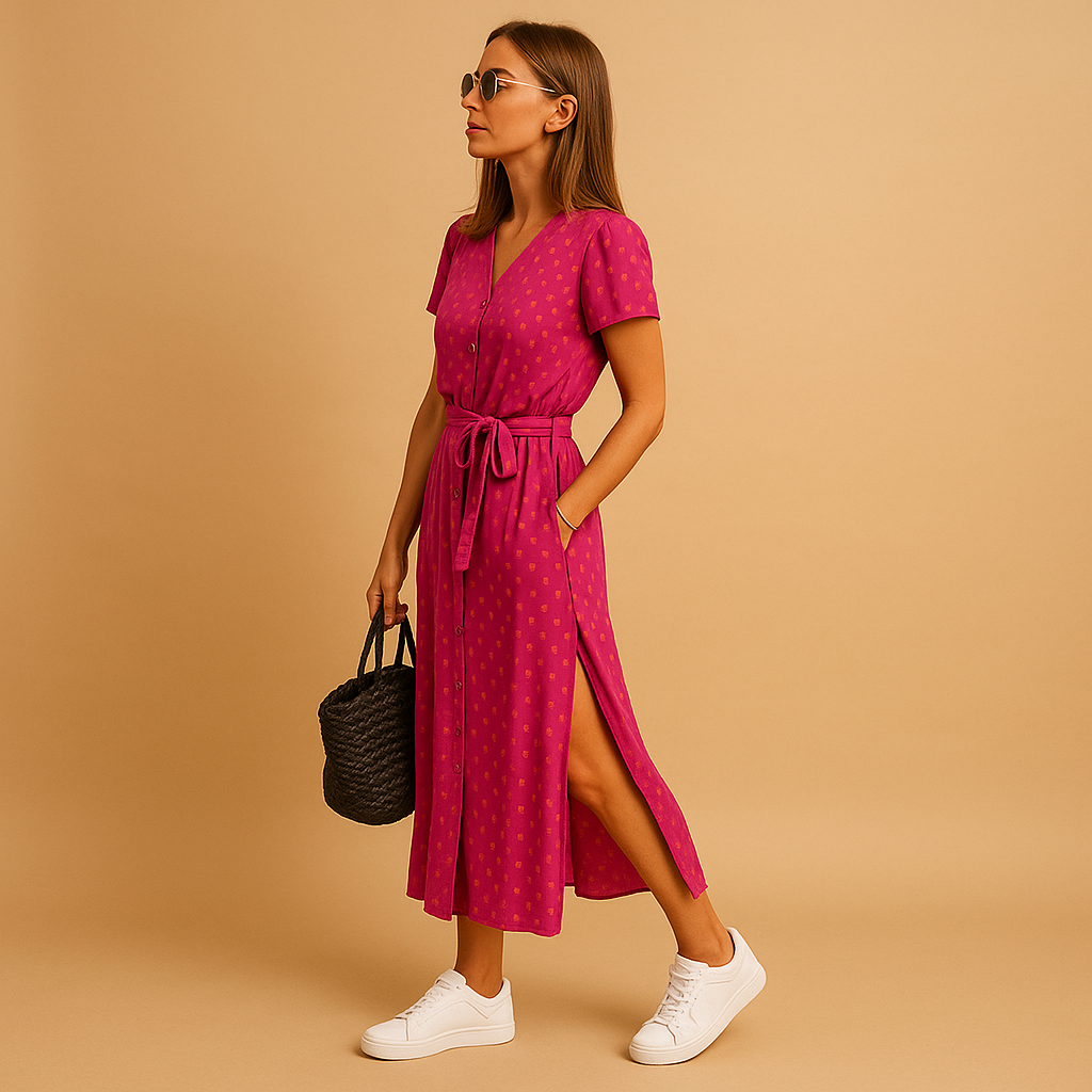 Women’s A-line summer dress with puff sleeves, V-neck, and button details, perfect for spring, summer, and casual chic occasions.
