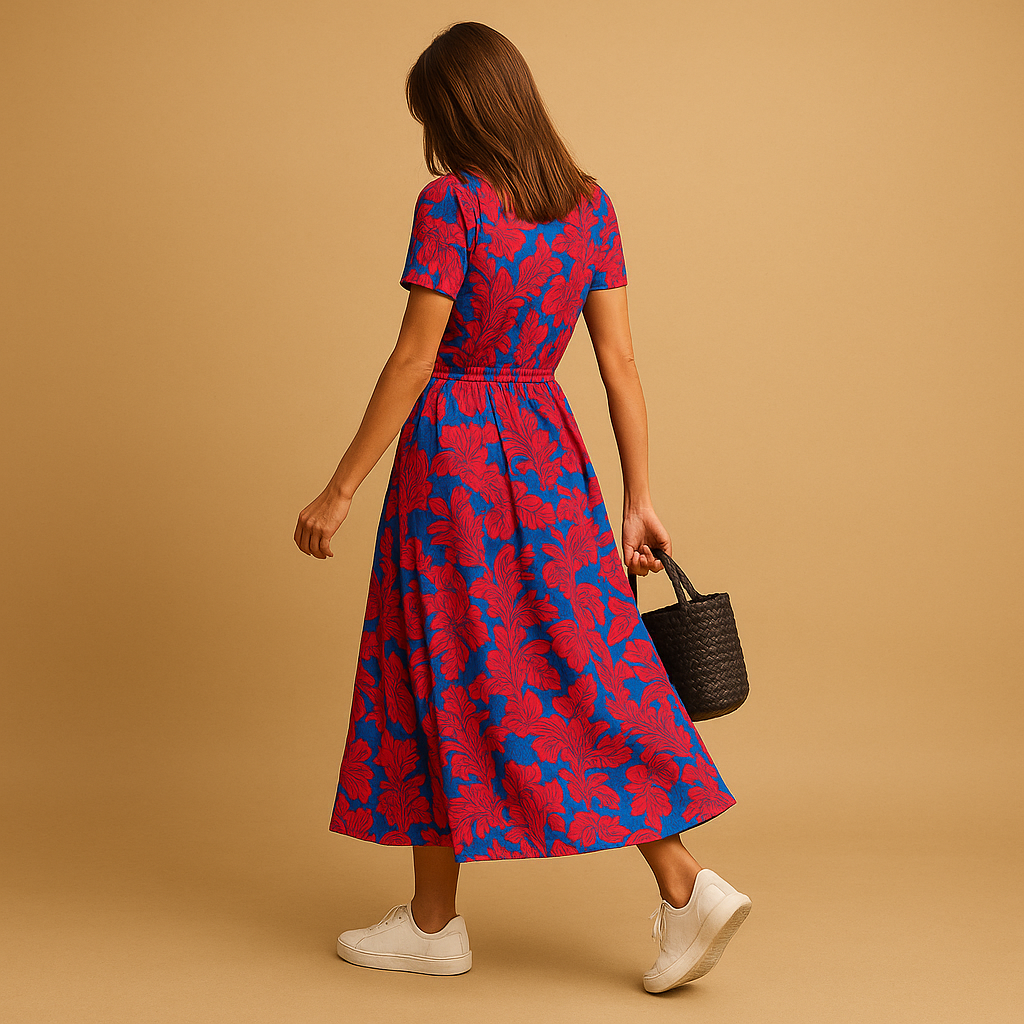 Women’s A-line summer dress with puff sleeves, V-neck, and button details, perfect for spring, summer, and casual chic occasions.