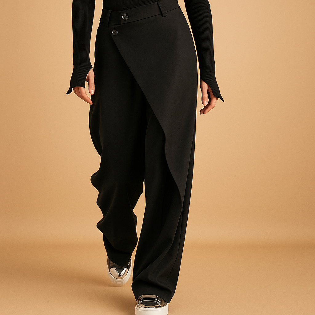 Women’s asymmetric baggy trousers with double-button closure in black, grey, and brown, featuring a loose fit and modern contemporary design.