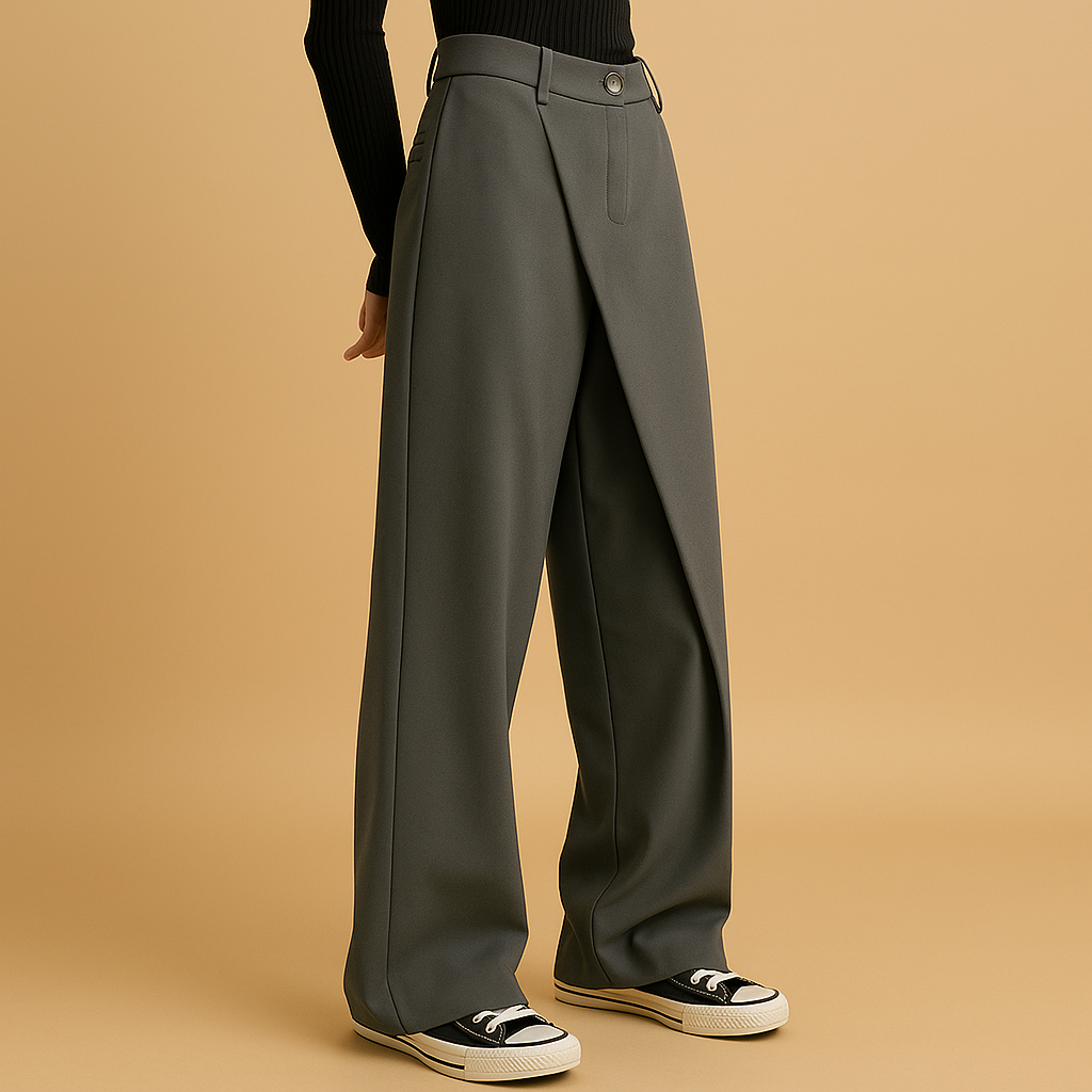 Women’s asymmetric baggy trousers with double-button closure in black, grey, and brown, featuring a loose fit and modern contemporary design.