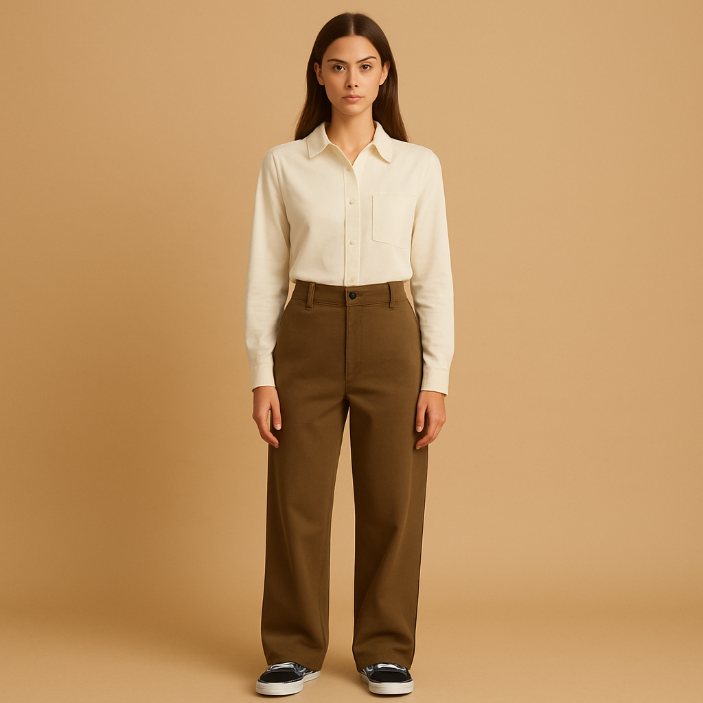 Women’s asymmetric baggy trousers with double-button closure in black, grey, and brown, featuring a loose fit and modern contemporary design.