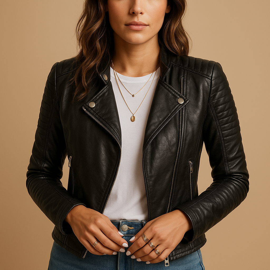 Women’s black faux leather jacket with tailored fit, classic collar, and zipper closure. Perfect for casual wear or chic seasonal outfits.