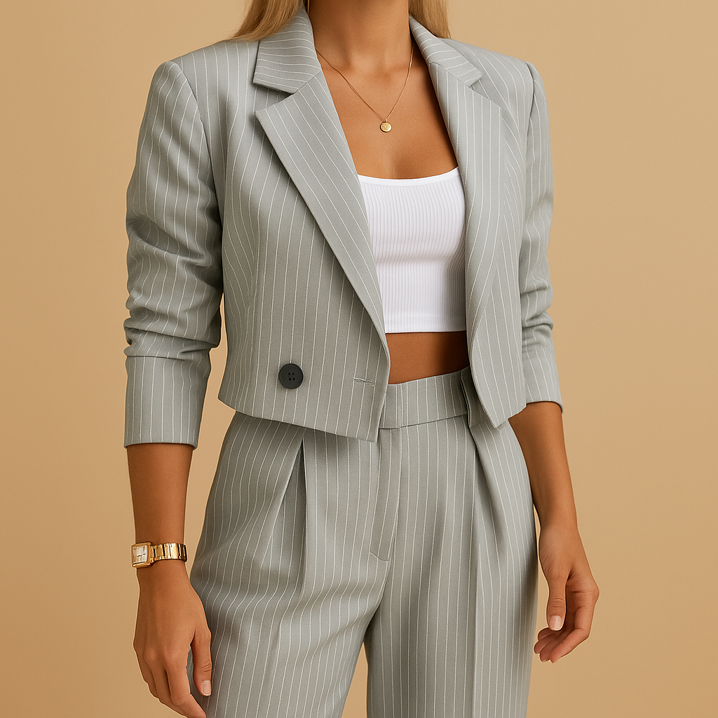 Elegant women’s blazer and trouser set with tailored fit, available in Blue and Grey. Perfect for formal occasions, work, or smart casual outfits.