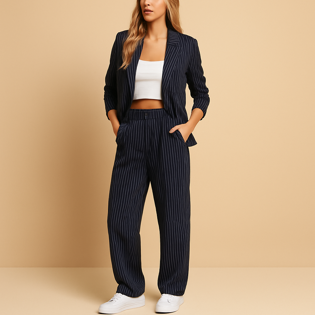 Elegant women’s blazer and trouser set with tailored fit, available in Blue and Grey. Perfect for formal occasions, work, or smart casual outfits.