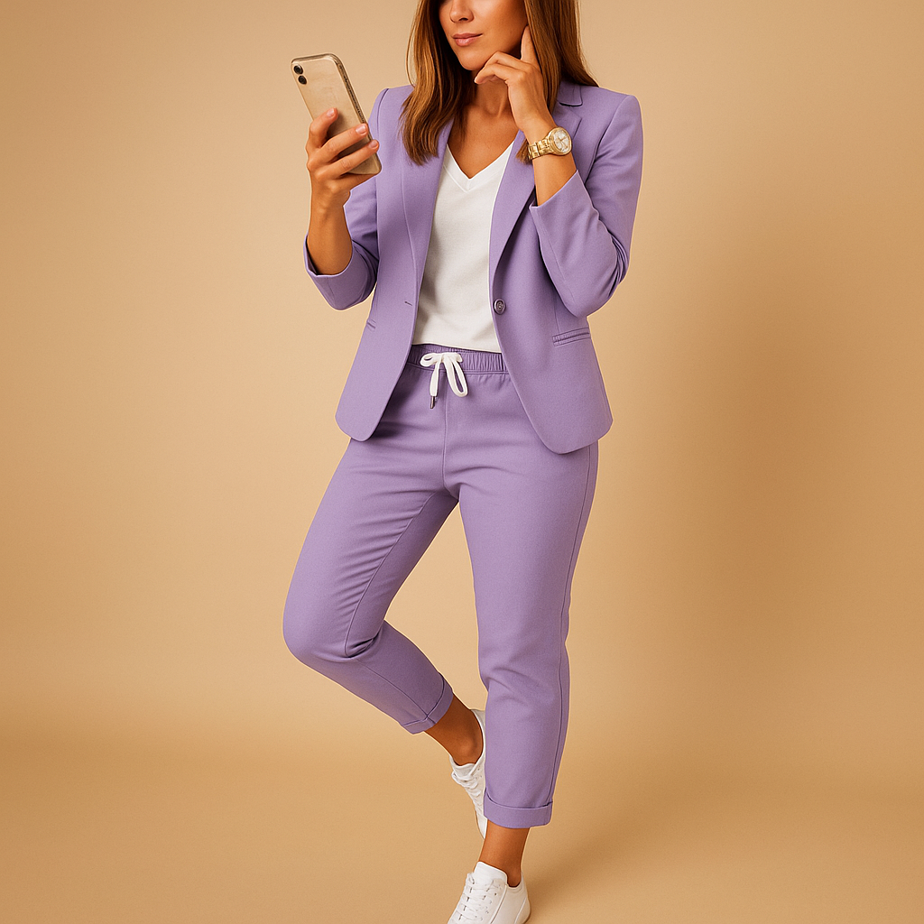 Elegant women’s blazer and trouser set with tailored fit, available in Lavender, Black, Beige, Dark Grey, and Auburn. Perfect for work or formal occasions.