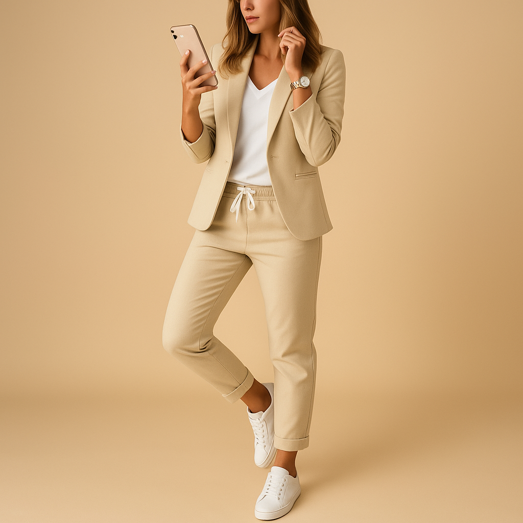 Elegant women’s blazer and trouser set with tailored fit, available in Lavender, Black, Beige, Dark Grey, and Auburn. Perfect for work or formal occasions.