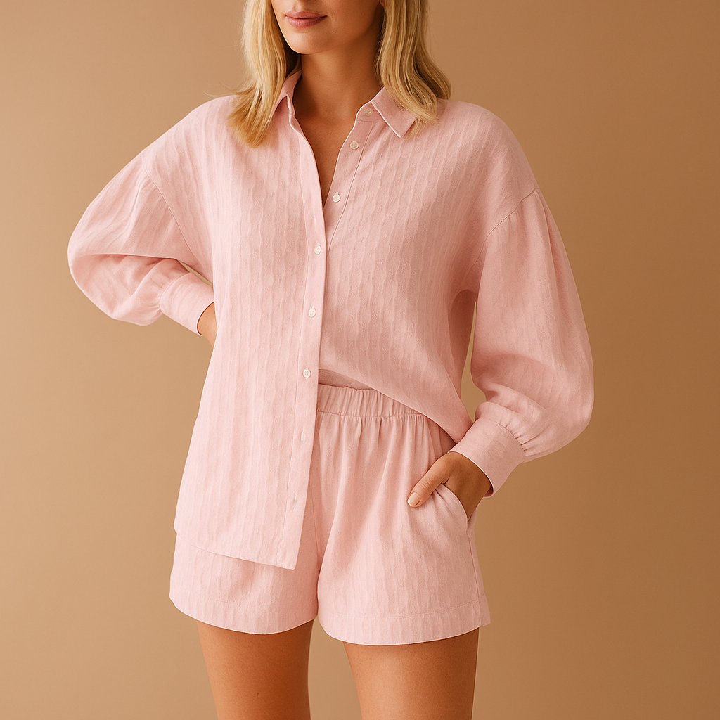 Women’s summer set with short-sleeve blouse and matching shorts, ideal for beach days, vacations, or casual summer outings.