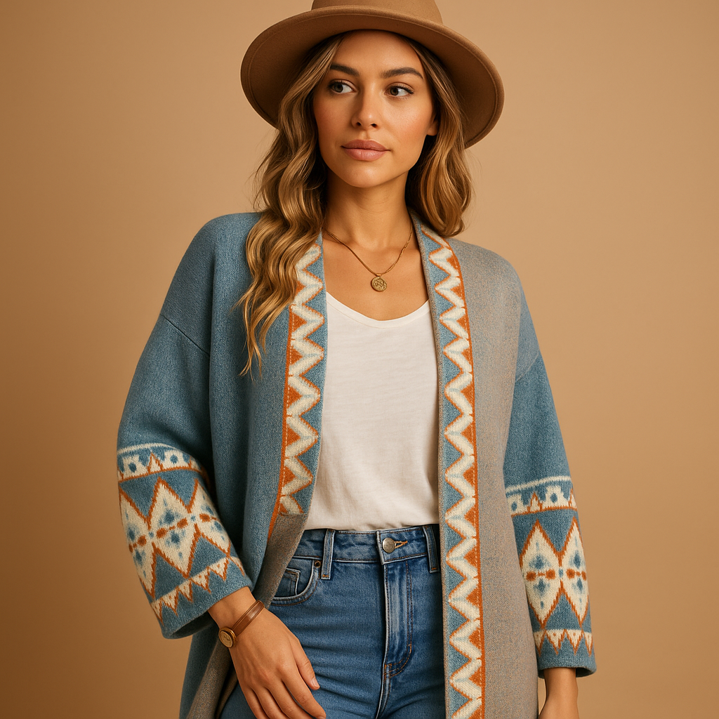 Bohemian jacquard cardigan for women with relaxed fit and multicolor pattern, ideal for layering over dresses or jeans for casual and creative outfits.