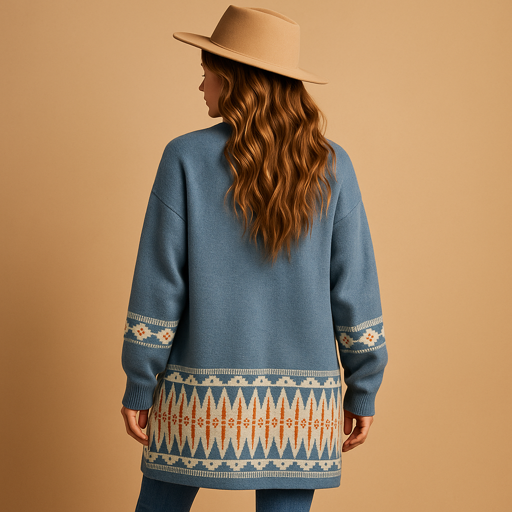 Bohemian jacquard cardigan for women with relaxed fit and multicolor pattern, ideal for layering over dresses or jeans for casual and creative outfits.