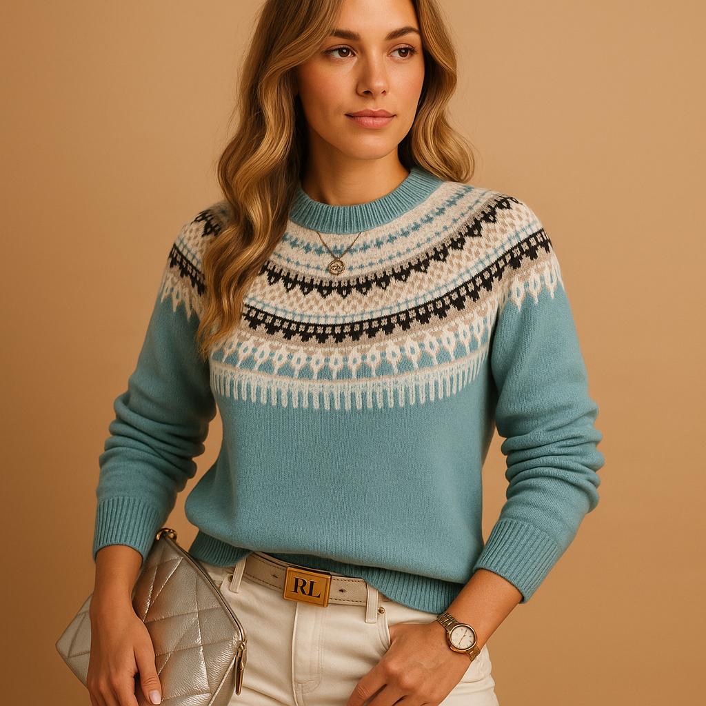 Women’s bohemian knitted sweater with relaxed fit, breathable cotton blend, round neck, and long sleeves, perfect for autumn, winter, and spring.