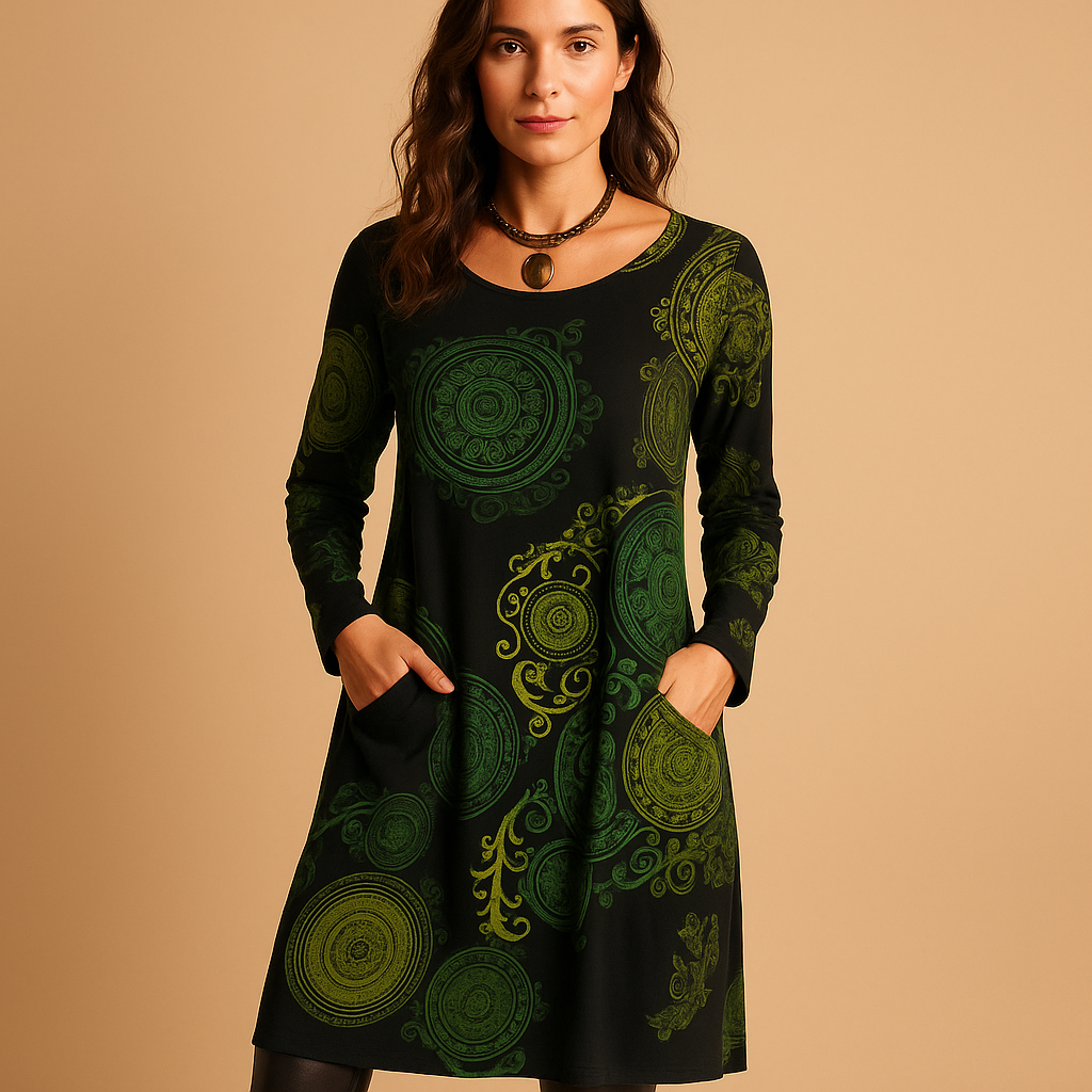 Bohemian maxi dress for women with long sleeves and pockets, perfect for casual days and relaxed evening looks.