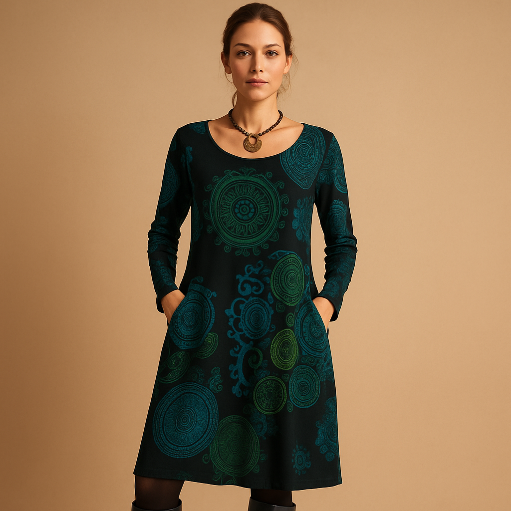 Bohemian maxi dress for women with long sleeves and pockets, perfect for casual days and relaxed evening looks.