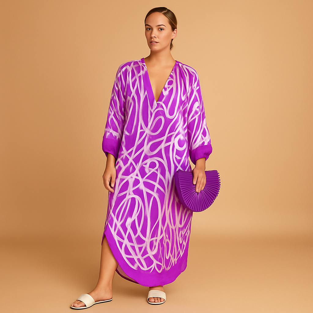 Women’s boho maxi dress with long sleeves and a loose, flowy fit, perfect for summer festivals, beach days, and casual wear.