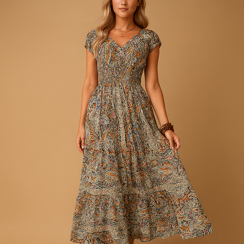 Women’s boho maxi summer dress with high waist and flowy design, available in vibrant colours, perfect for festivals, beach days, and casual outings.