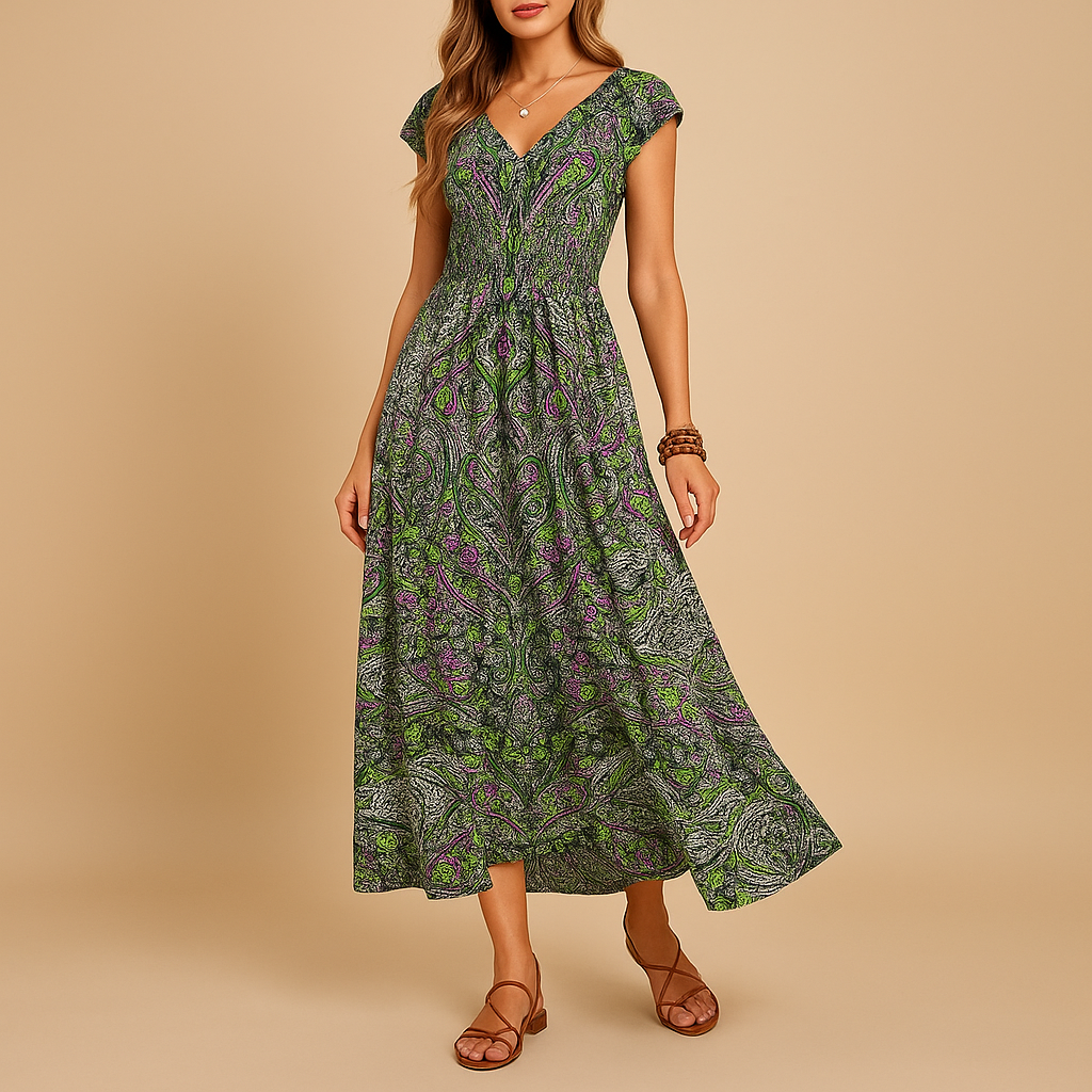 Women’s boho maxi summer dress with high waist and flowy design, available in vibrant colours, perfect for festivals, beach days, and casual outings.