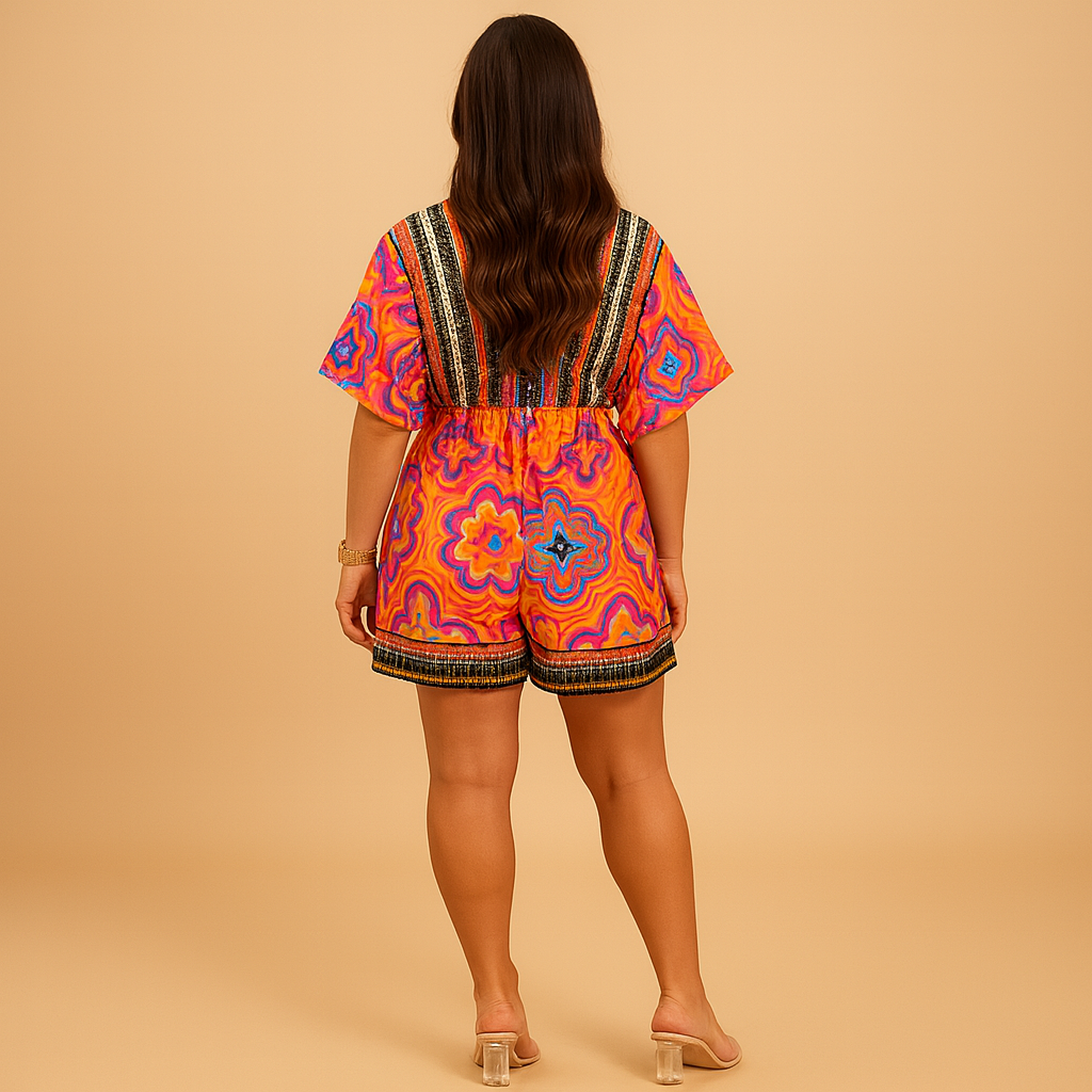 Women’s boho summer jumpsuit with orange print, wide legs and batwing sleeves, perfect for beach days, casual outings, and summer parties.