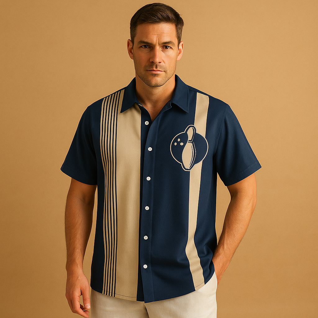 Men’s bowling print polo shirt with breathable fabric, relaxed fit, and classic collar design, perfect for casual wear and sporty occasions.