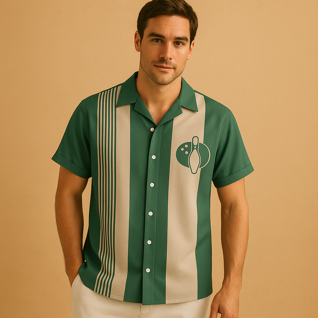 Men’s bowling print polo shirt with breathable fabric, relaxed fit, and classic collar design, perfect for casual wear and sporty occasions.