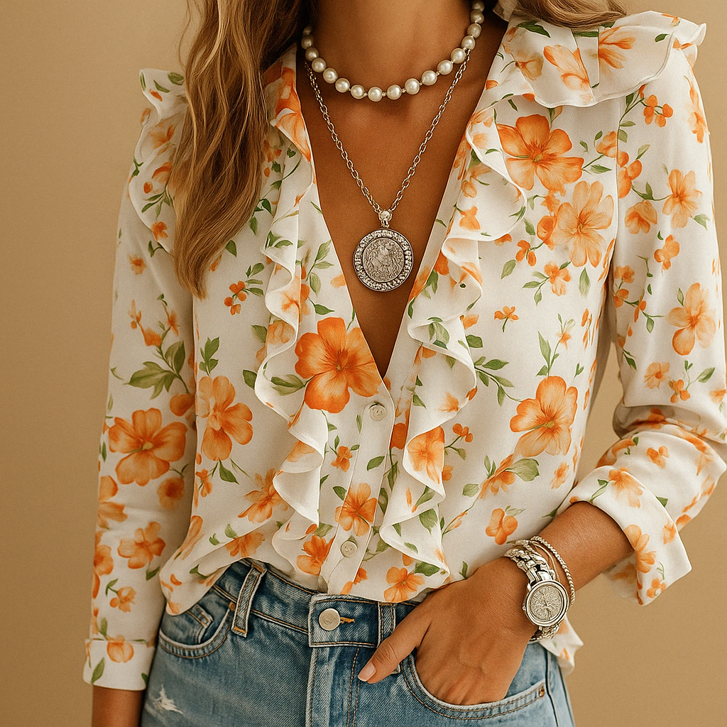 Women’s ruffled butterfly print blouse with a tailored fit and long sleeves, perfect for work, casual outings, and elegant occasions.