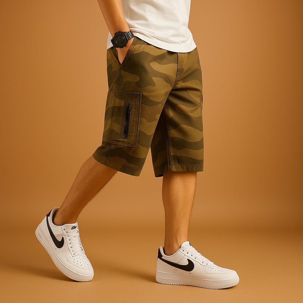 Men’s camouflage cargo shorts with loose fit and multiple pockets, breathable and durable, perfect for hiking, camping, and everyday summer wear.