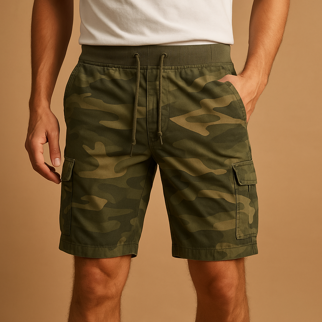 Men’s camouflage cotton shorts, lightweight and breathable with a comfortable fit, perfect for outdoor activities, hiking, and casual summer outfits.
