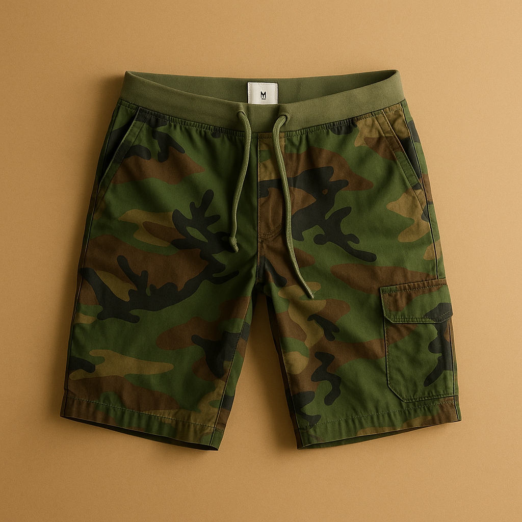 Men’s camouflage cotton shorts, lightweight and breathable with a comfortable fit, perfect for outdoor activities, hiking, and casual summer outfits.