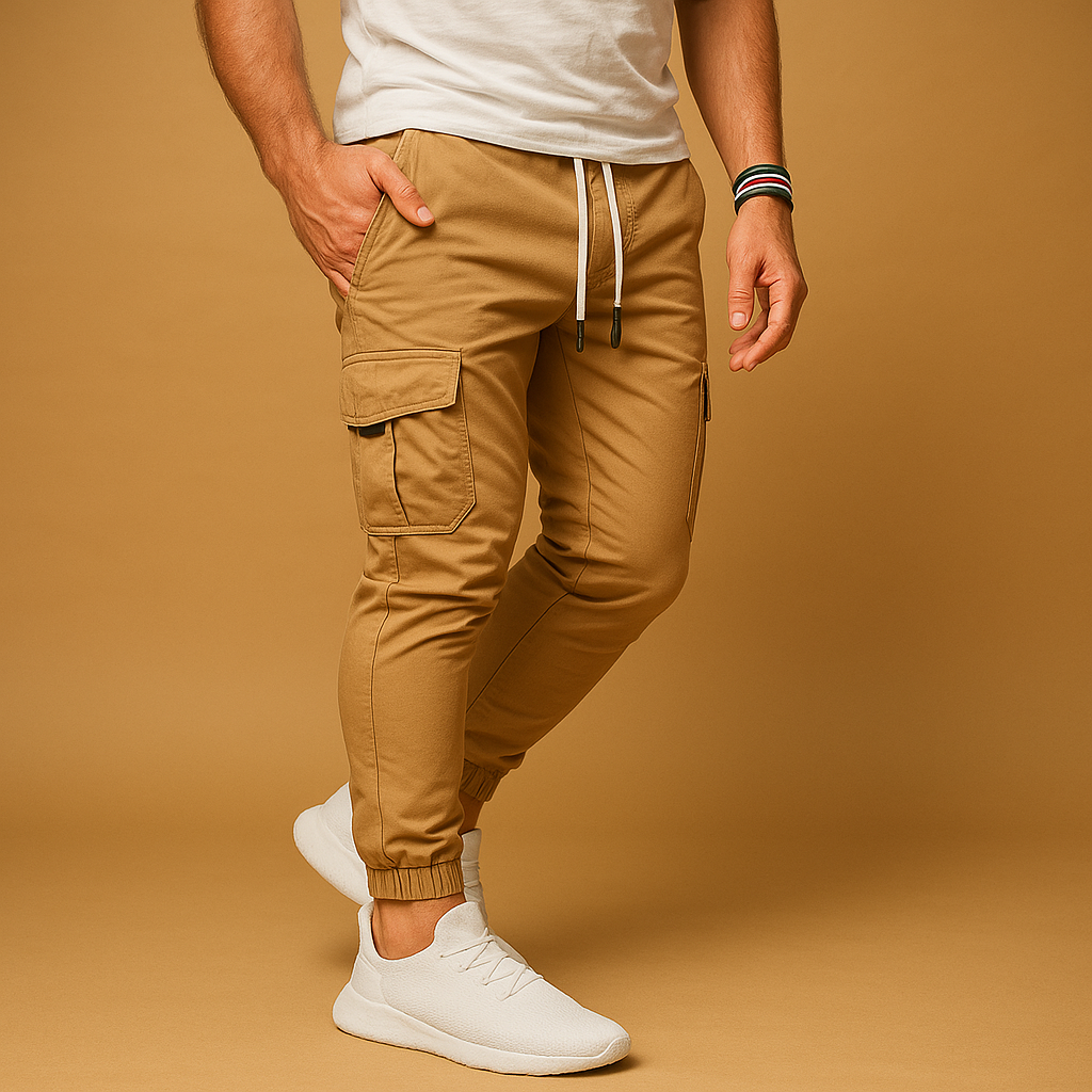 Men’s cargo pants with straight-leg fit, durable lightweight fabric, and multiple Velcro pockets, perfect for casual wear and outdoor activities.