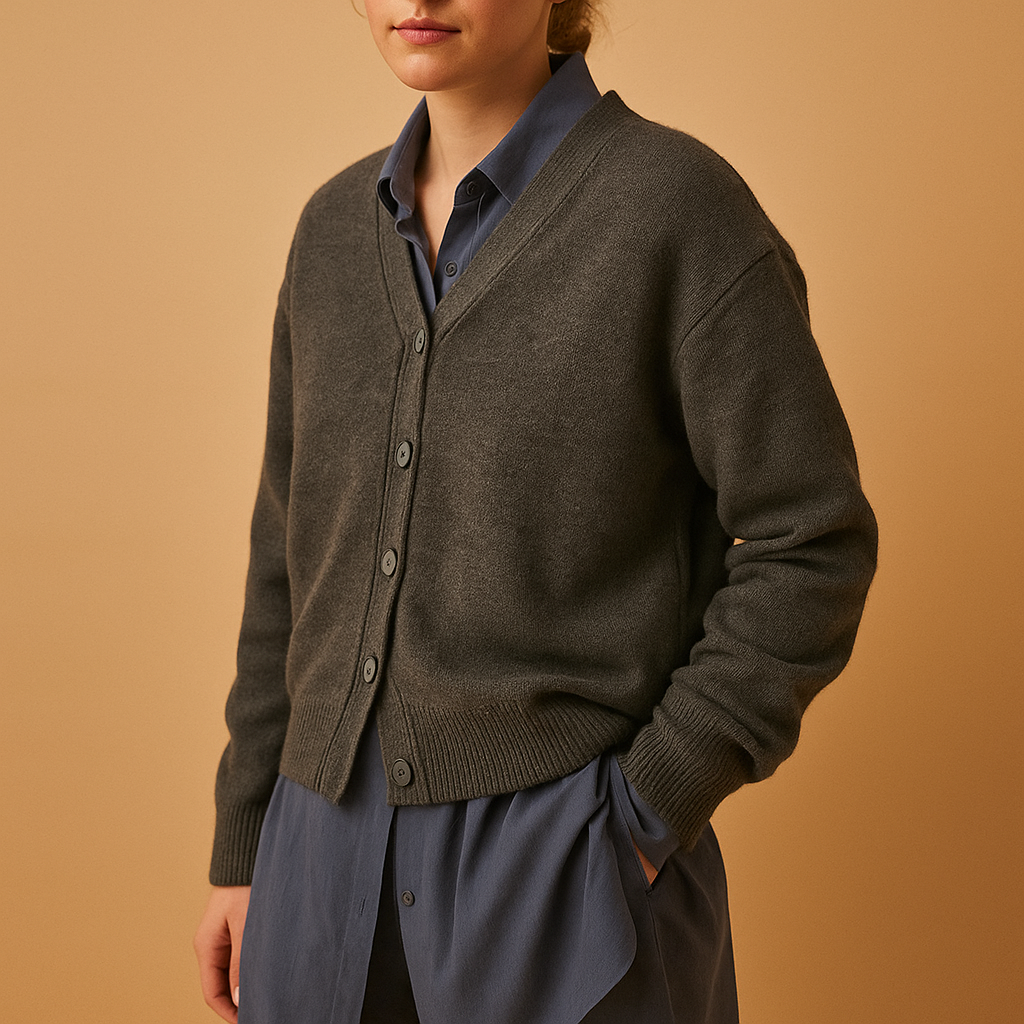 Women’s cashmere wrap cardigan with asymmetrical button closure, soft texture, and elegant fit. Perfect for chic evening wear or cozy casual looks.