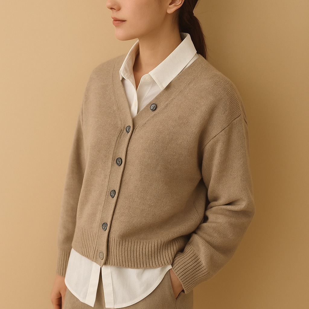 Women’s cashmere wrap cardigan with asymmetrical button closure, soft texture, and elegant fit. Perfect for chic evening wear or cozy casual looks.