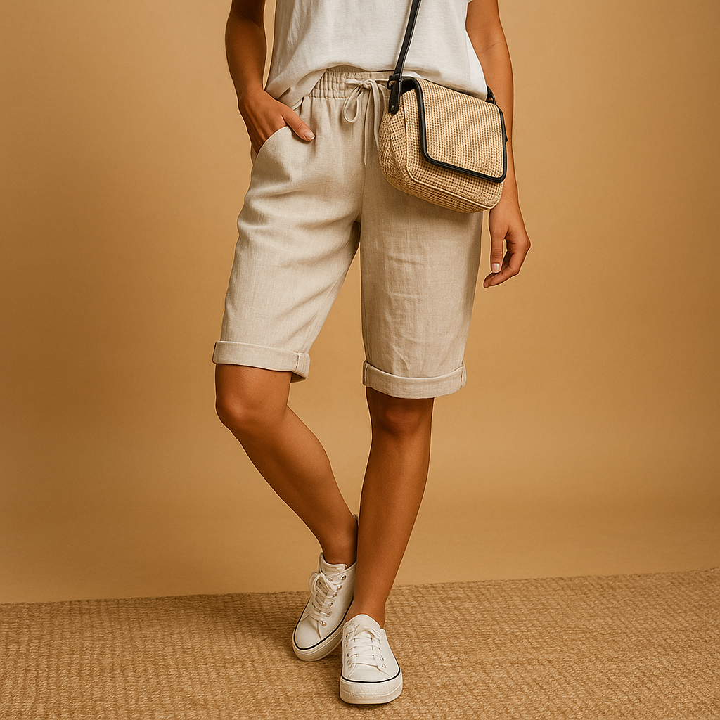Women’s casual capri pants with relaxed fit, elastic waist and drawstring, rolled-up hem, airy fabric. Perfect for spring and summer outfits.